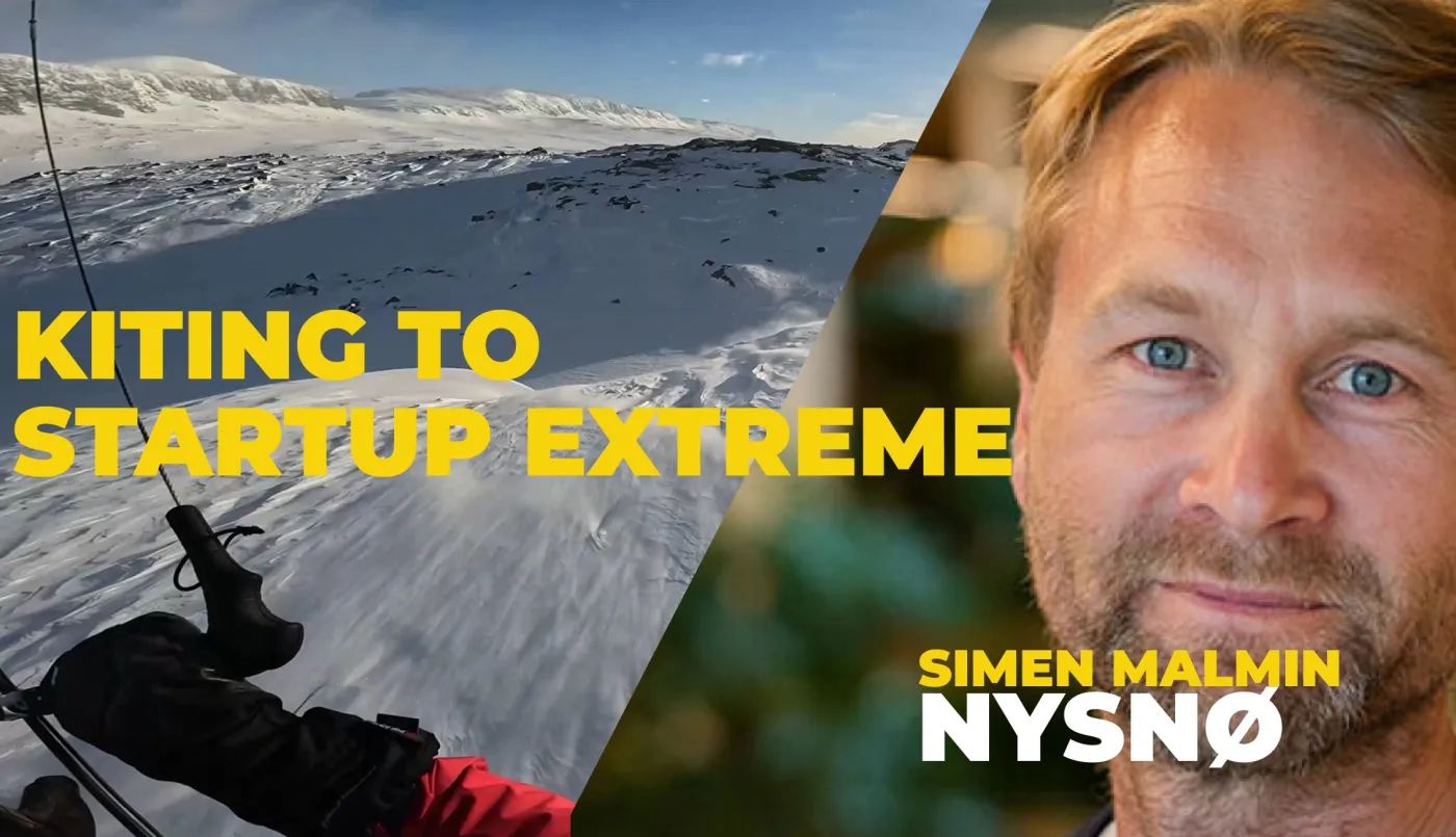 Simen Malmin of Nysnø next to a photo taken while kiting across a snowy mountain plateau, with the words Kiting to Startup Extreme.